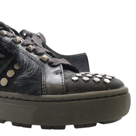 UGG BLACK STUDDED FUR LACE-UP Biker Chic LEATHER PLATFORM SHOES! SIZE 7! - Picture 8 of 14